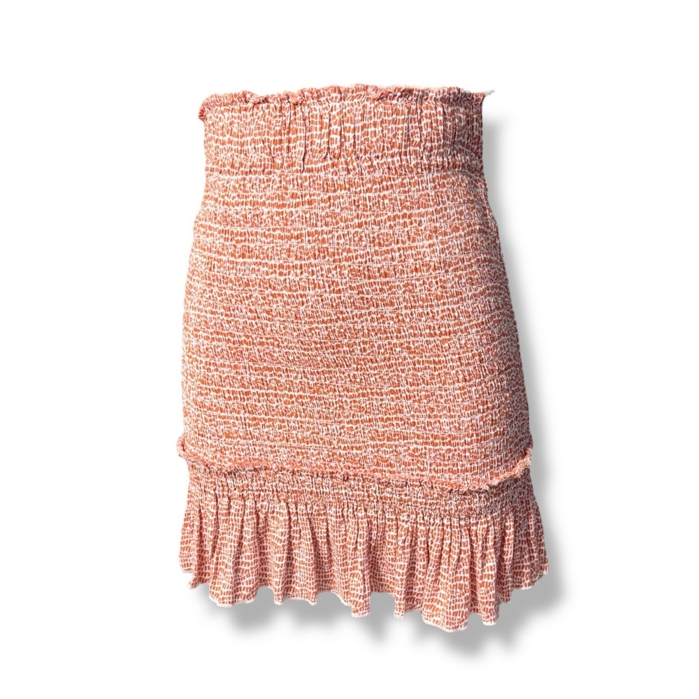 POOKIE & SEBASTIAN Orange Abstract Print Smocked Mini Skirt Ruffle Detail